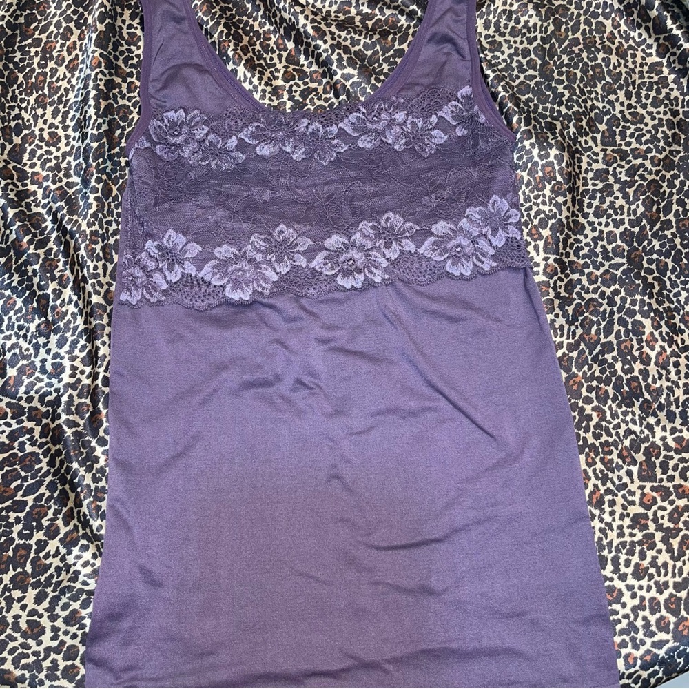 Rhonda Shear Purple Lace Overlay Cami Top